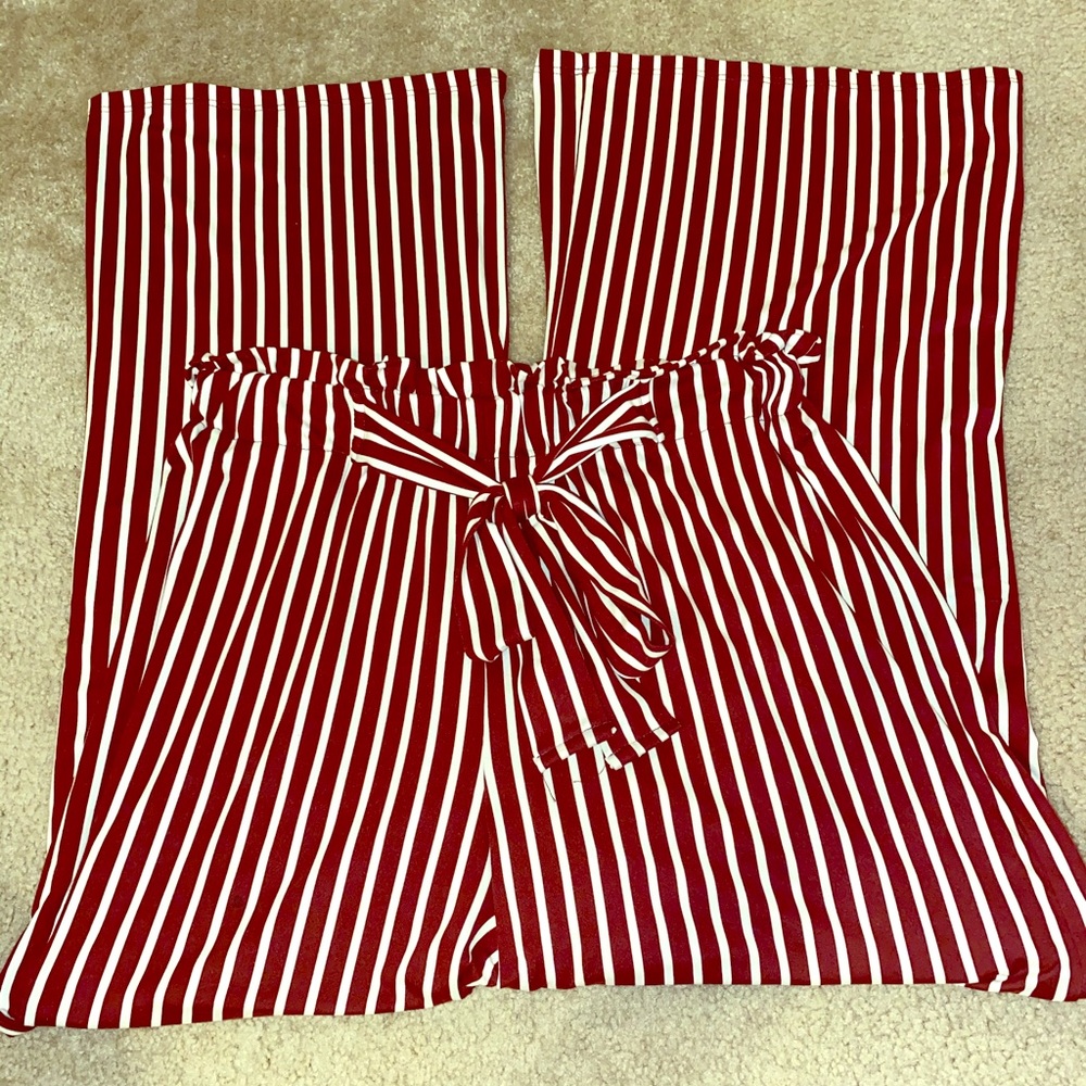 NWOT Maroon & White Striped Paperbag pants